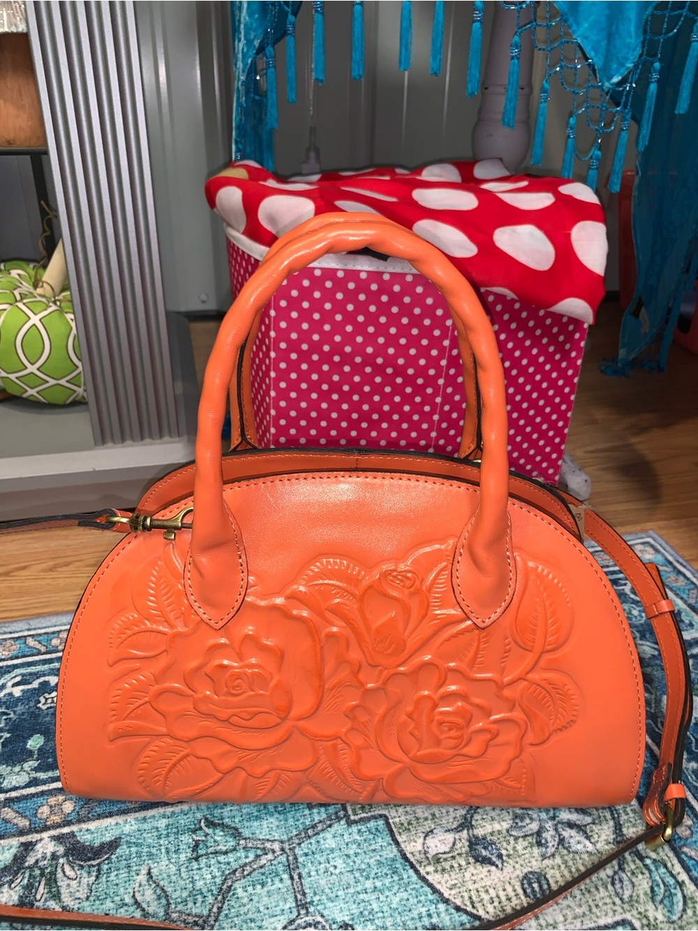 Patricia Nash angelini embossed bag leather new qvc crossbody roses coral orange